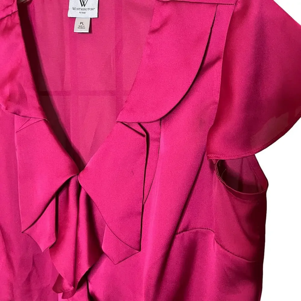 Worthington Pink Button Front Blouse Cap Sleeve Bow Petite Large - Picture 6 of 10